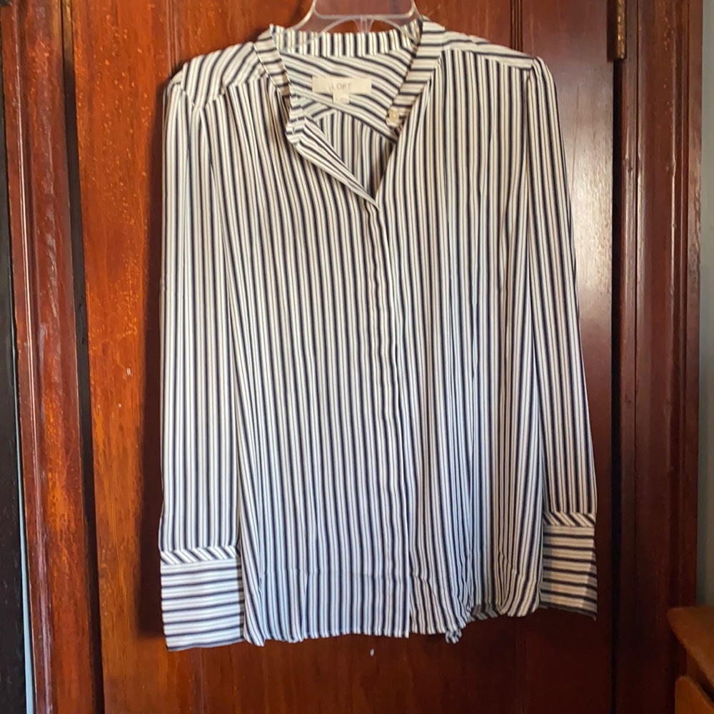 Loft Blue Striped Chiffon Button Blouse